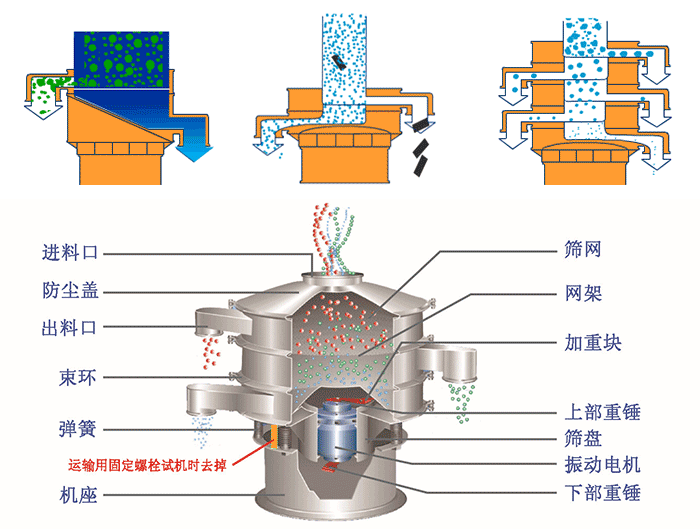 不銹鋼旋振篩結(jié)構(gòu)展示：篩網(wǎng)，出料口，束環(huán)，彈簧，防塵蓋，機(jī)座等
