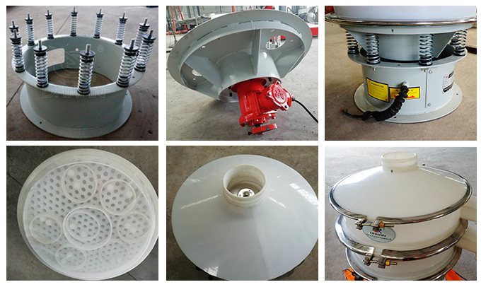 塑料振動篩彈簧底座安裝，振動電機安裝，篩網(wǎng)，防塵蓋等安裝圖片展示